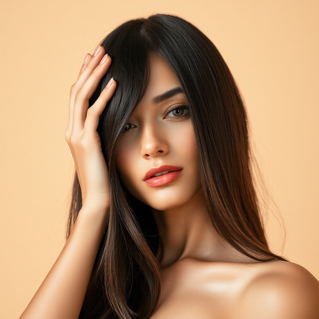 A woman with long, healthy, glossy hair, one hand resting lightly on her hair near her face, in soft warm light