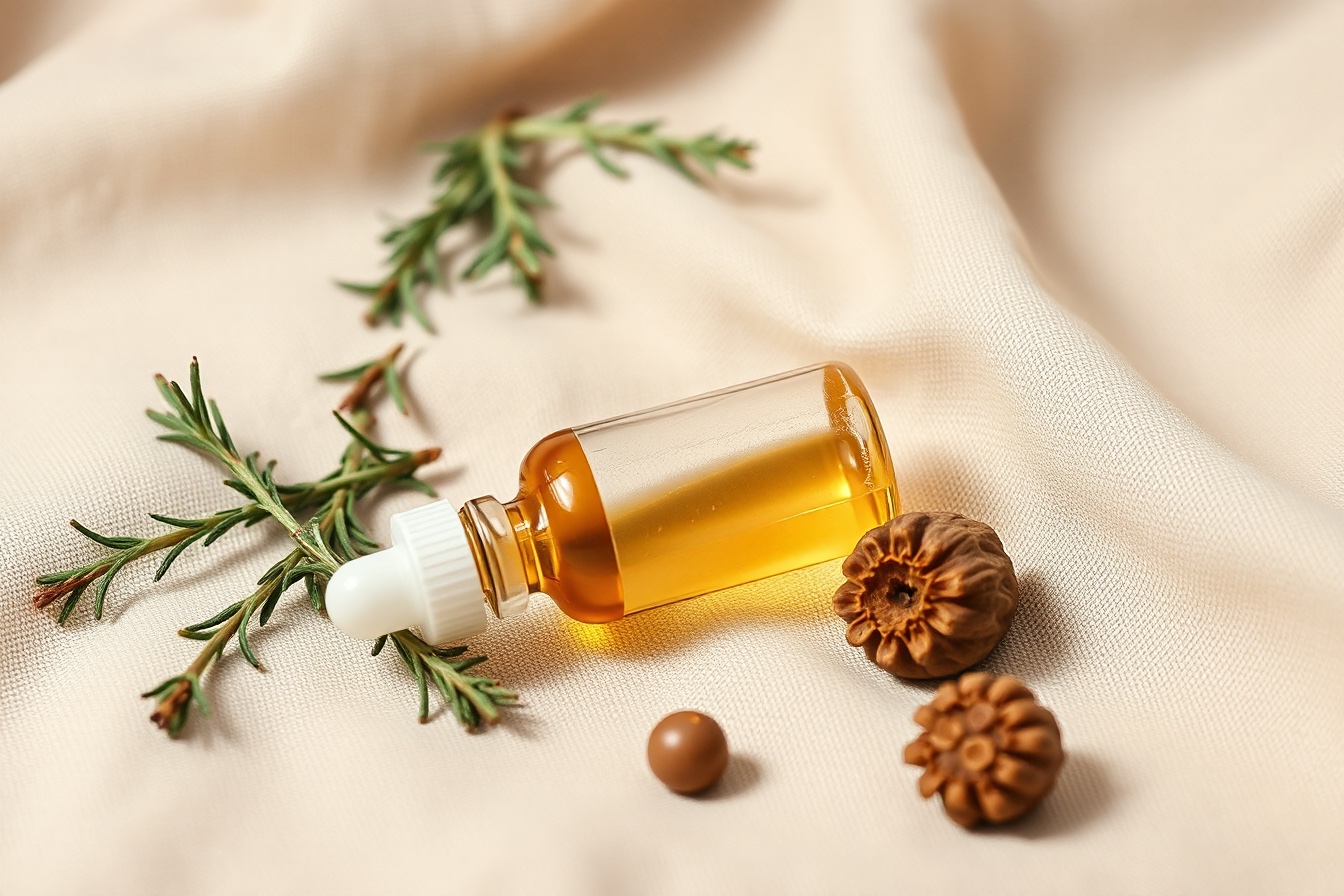A glass dropper bottle of golden hair oil with marula, argan, and rosemary botanicals on a cream linen surface